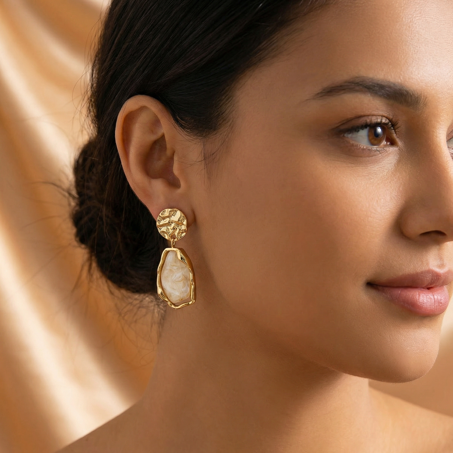 Luxury Textured Gold Drop Earrings with Natural Stone Effect | Statement Marble Resin Dangle Earrings in Brown, Grey & Ivory