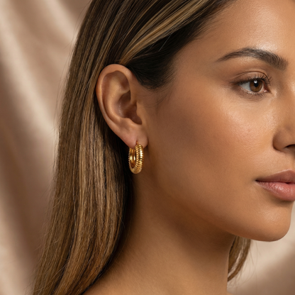 Luxury Textured Hoop Earrings in Gold | Minimalist Ribbed Design for Everyday Elegance