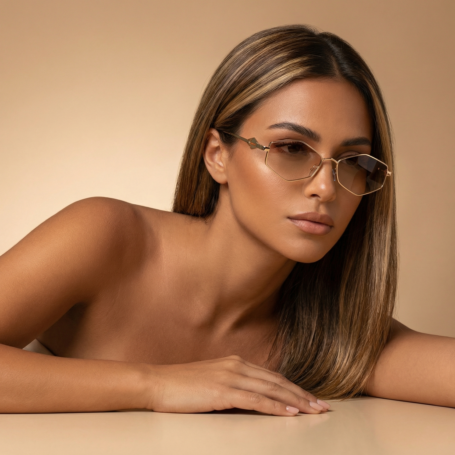 Luxury Geometric Rimless Sunglasses in Gold with Black, Green, Brown, Pink & Gradient Lenses | Elegant Minimalist Designer Eyewear