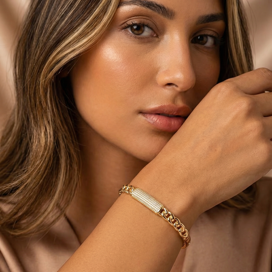 Luxury Pavé Chain Cuff Bracelet in Gold | Bold Statement Bangle with Crystal Detail