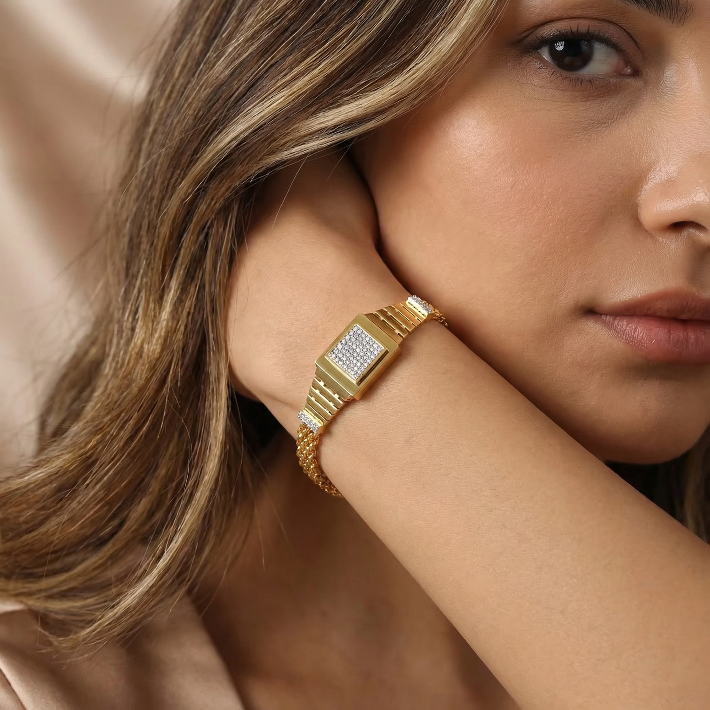 Luxury Square Crystal Bracelet in Gold & Silver | Minimalist Statement Jewellery