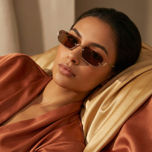 Modern Rimless Rectangle Sunglasses in Gold | Slim Minimalist Frameless Shades for Street & Summer Style