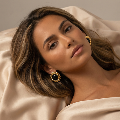 Bold Black Stone Round Stud Earrings in Gold Stainless Steel | Waterproof Statement Jewelry