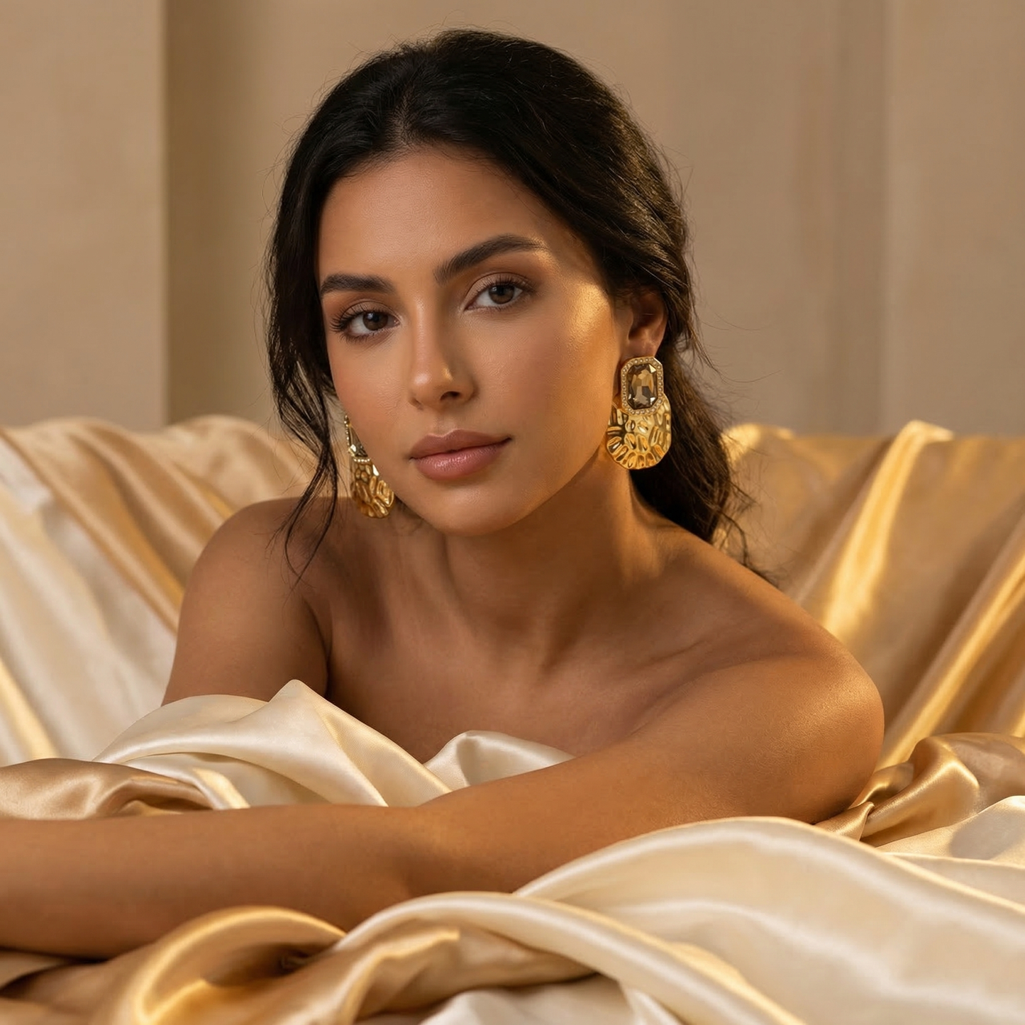 Luxury Geometric Crystal Statement Earrings in Gold | Sculpted Hammered Drop Earrings with Champagne Gemstone