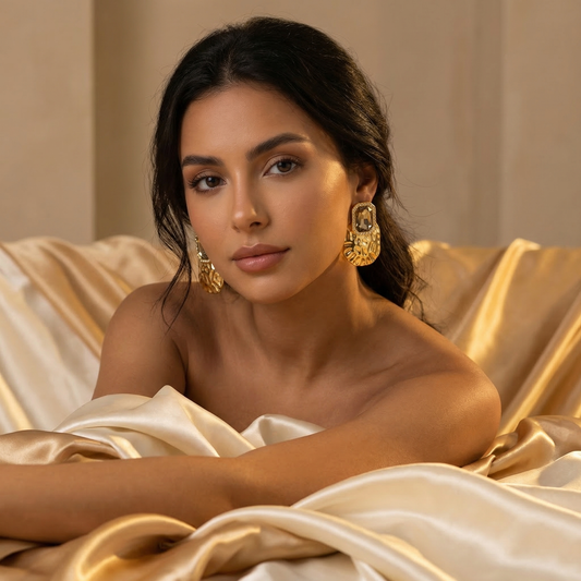 Luxury Geometric Crystal Statement Earrings in Gold | Sculpted Hammered Drop Earrings with Champagne Gemstone