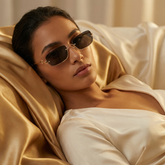 Modern Rimless Rectangle Sunglasses in Gold | Slim Minimalist Frameless Shades for Street & Summer Style