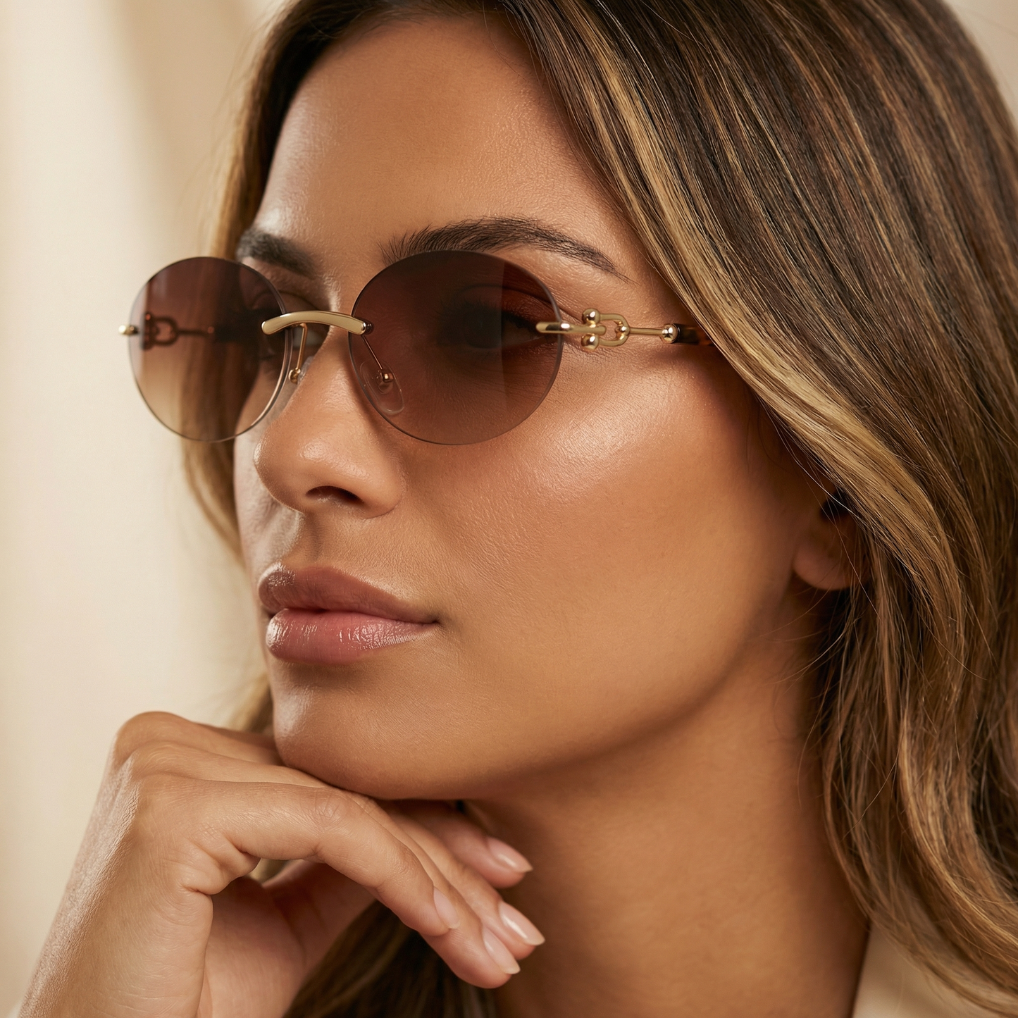 Elegant Oval Rimless Sunglasses in Gold with Brown, Tortoiseshell & Black Temples | Minimalist Metal Sunglasses for Women