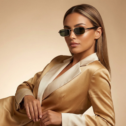 Luxury Rectangular Sunglasses in Gold with Green & Brown Lenses | Elegant Metal Frame Fashion Sunglasses for Spring & Summer Style