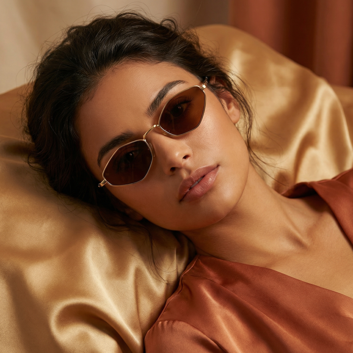 Modern Slim Hexagon Sunglasses in Gold with Green, Black & Brown Lenses | Lightweight Minimalist Metal Frame