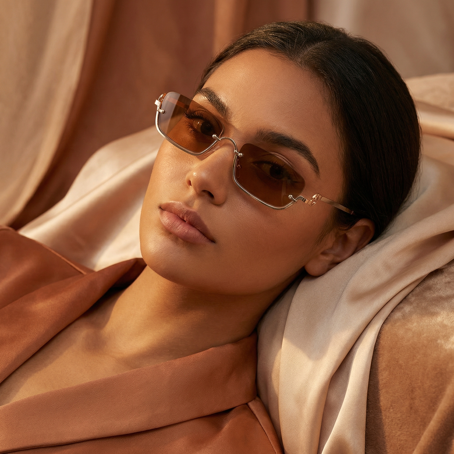 Modern Rimless Rectangle Sunglasses in Gold | Slim Minimalist Frameless Shades for Street & Summer Style
