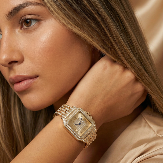 Luxury Crystal Square Watch in Gold | Diamond Roman Dial Statement Timepiece