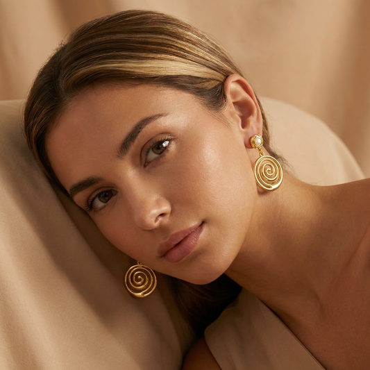 Elegant Spiral Drop Earrings in Gold with Pearl Detail | Lightweight Statement Earrings for Everyday & Occasion Wear