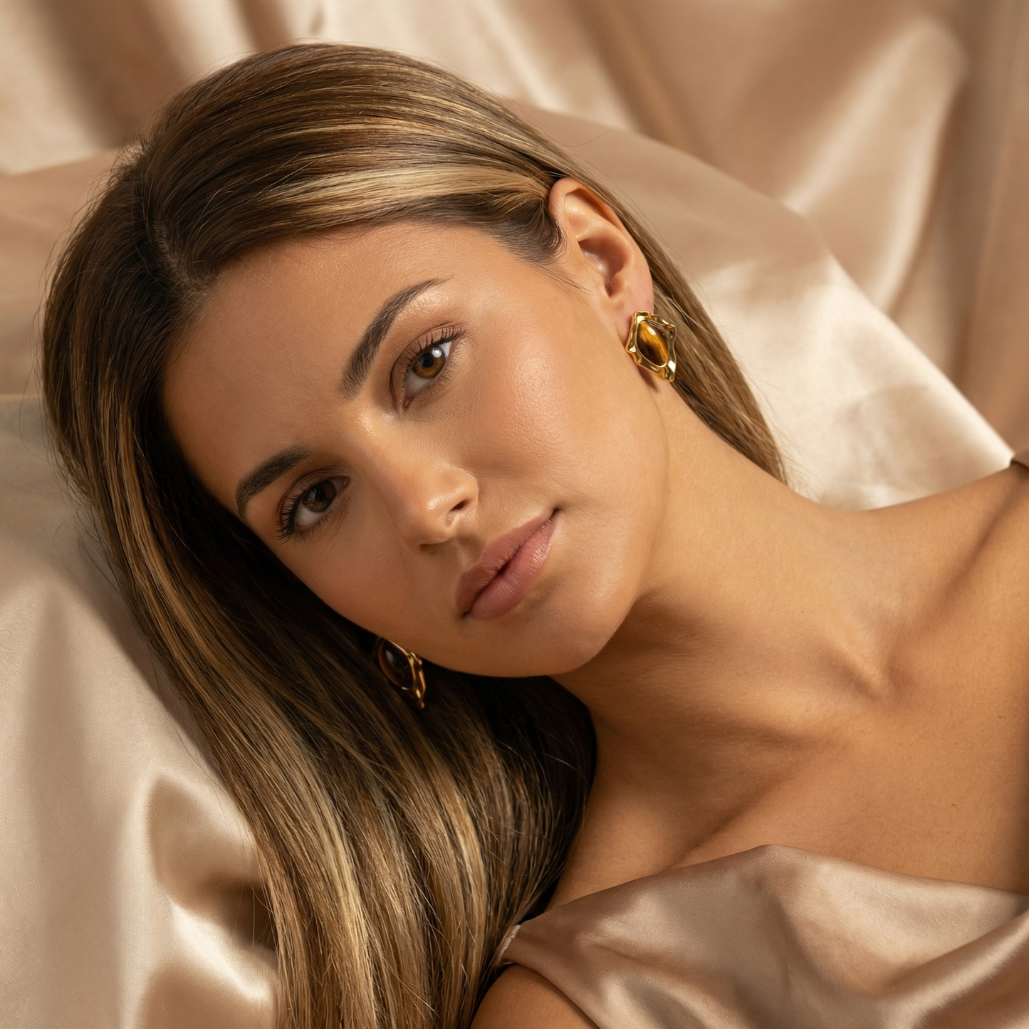 Gold Brown Stone Stud Earrings for Women | Gold Statement Earrings | Elegant Sculpted Design