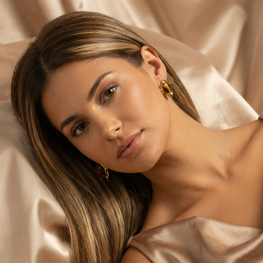 Gold Brown Stone Stud Earrings for Women | Gold Statement Earrings | Elegant Sculpted Design