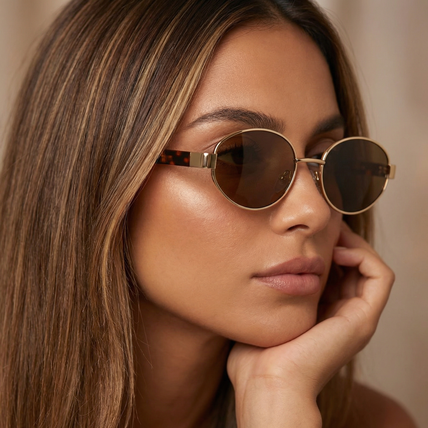 Oval Statement Sunglasses in Gold with Green & Brown Lenses | Modern Chic Eyewear