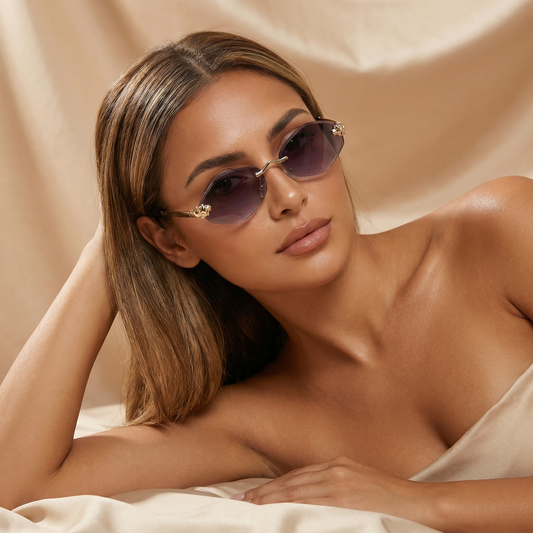 Luxury Rimless Hexagon Sunglasses in Gold with Gradient Lenses | Elegant Designer Metal Frame Sunglasses