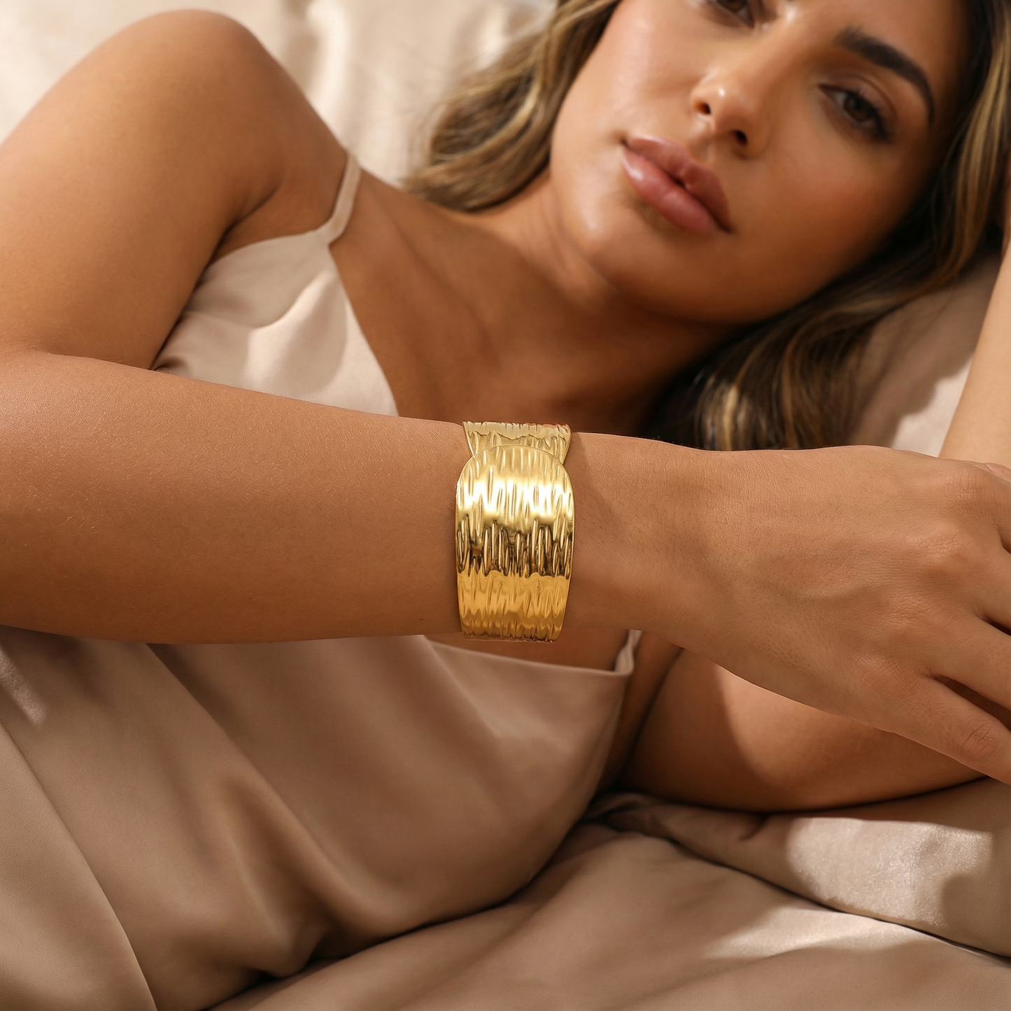 Gold Wide Textured Cuff Bracelet | Stainless Steel Statement Bangle | Women’s Modern Jewellery
