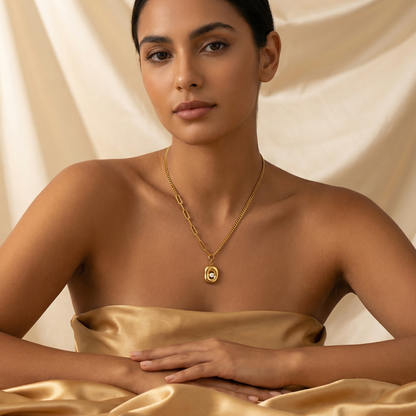 Modern Gold Oval Pendant Necklace with Crystal Detail | Minimalist Chain Necklace for Everyday Elegance