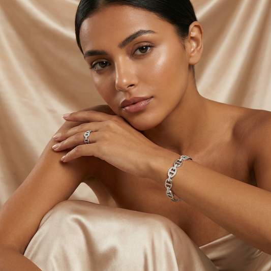Elegant Crystal Link Bangle & Ring Set in Gold & Silver | Modern Open Cuff Bracelet with Matching Adjustable Ring
