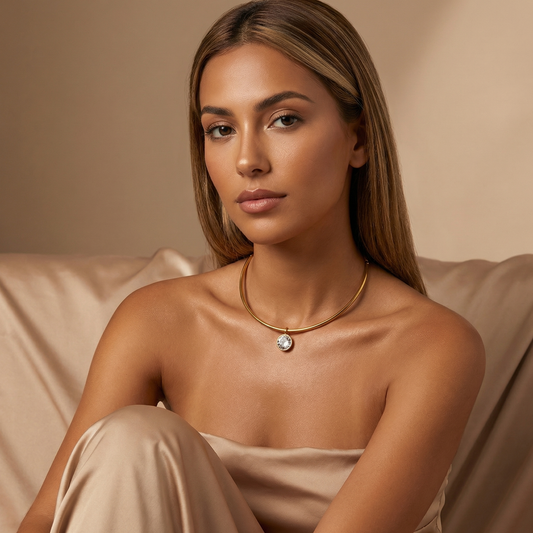 Minimalist Round Pendant Choker Necklace in Gold | Elegant Open Collar Design
