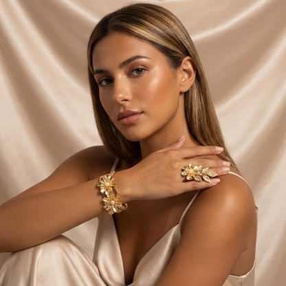Luxury Floral Pearl Cuff Bracelet & Ring Set in Gold | Elegant Nature-Inspired Design