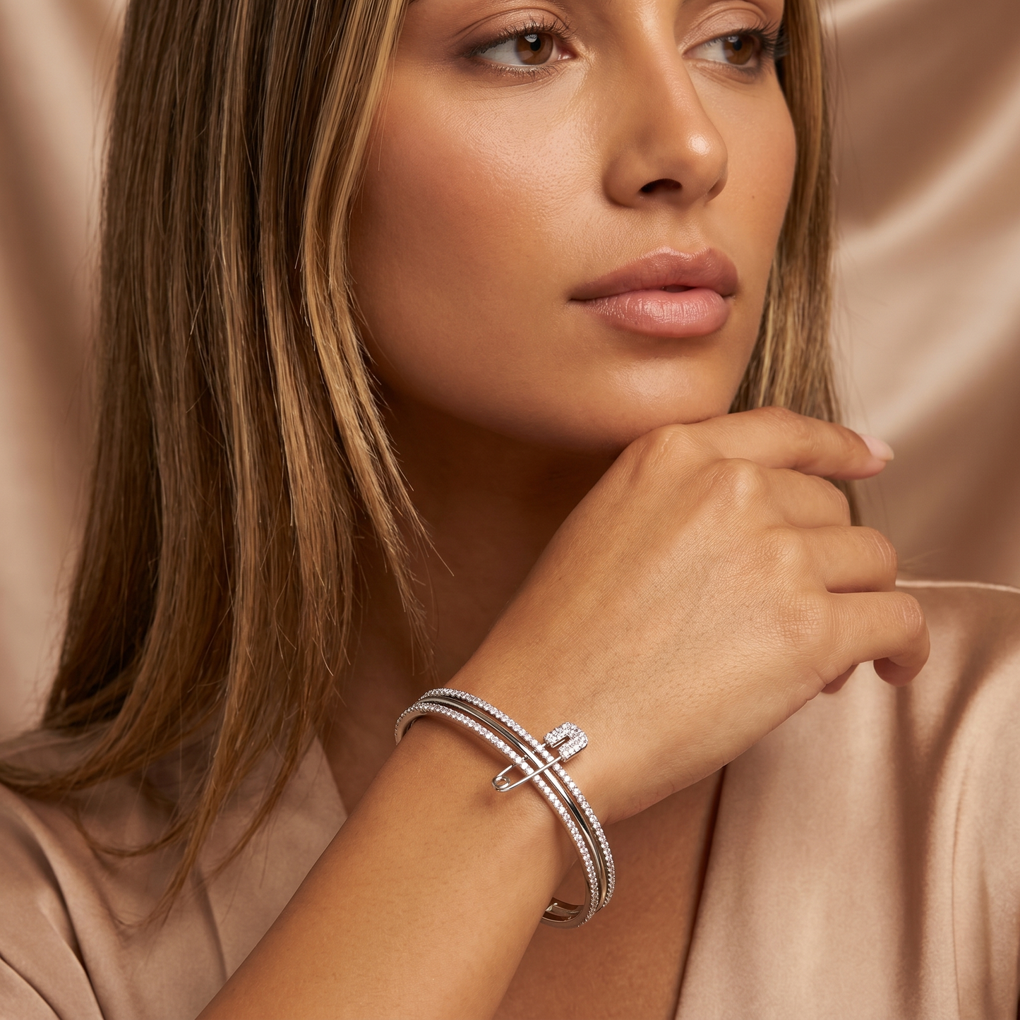 Luxury Crystal Safety Pin Cuff Bracelet in Silver | Elegant Pavé Statement Bangle with Open Design