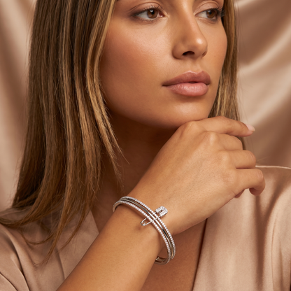 Luxury Crystal Safety Pin Cuff Bracelet in Silver | Elegant Pavé Statement Bangle with Open Design