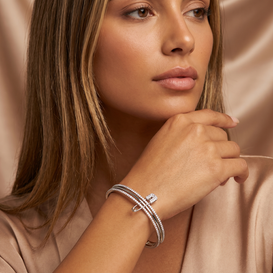 Luxury Crystal Safety Pin Cuff Bracelet in Silver | Elegant Pavé Statement Bangle with Open Design