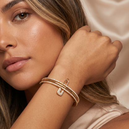 Luxury Crystal Safety Pin Cuff Bracelet in Gold | Elegant Pavé Statement Bangle with Open Design