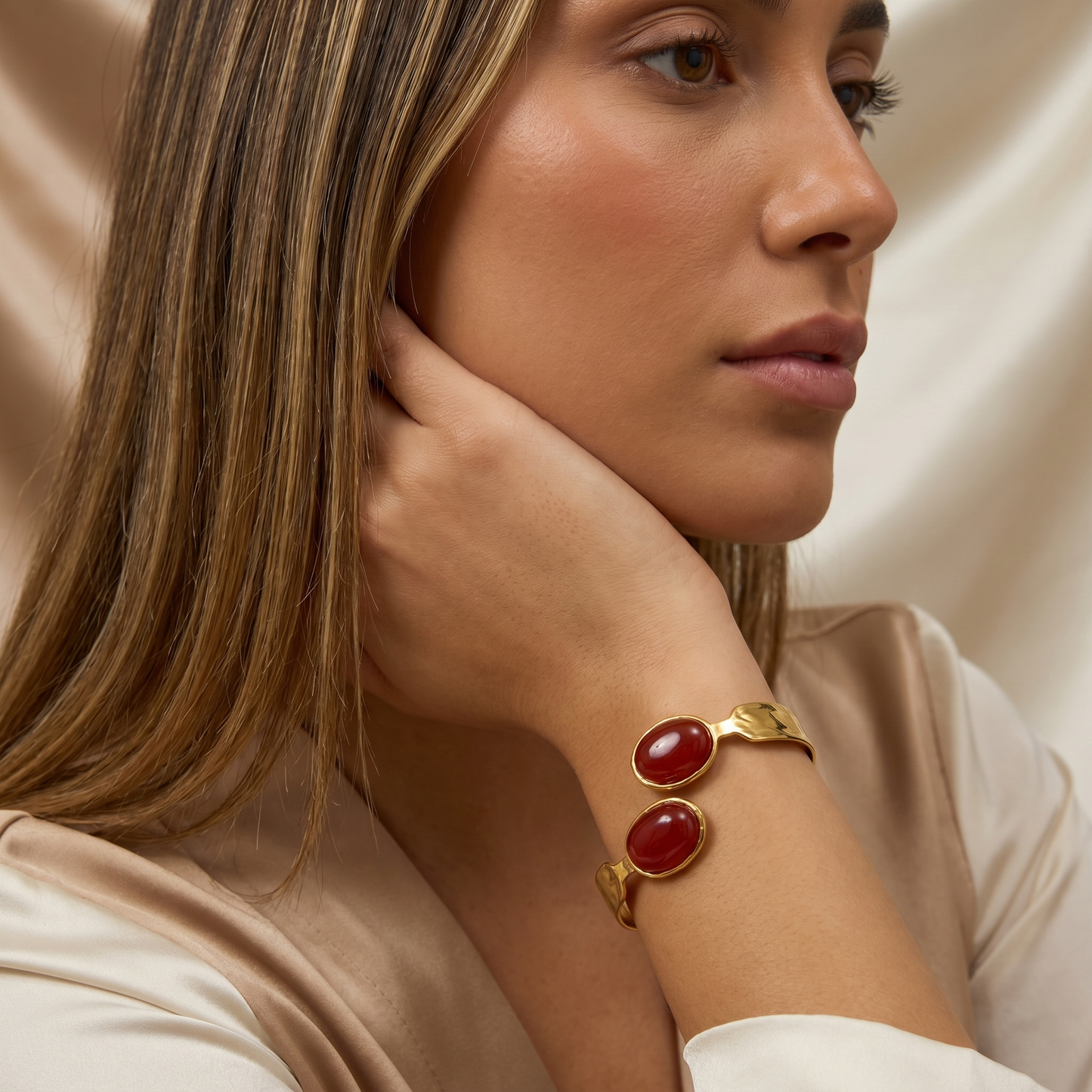 Bold Stone Cuff Bracelet in Gold | Statement Open Bangle Design