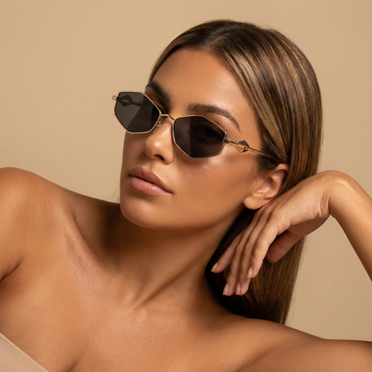 Luxury Geometric Rimless Sunglasses in Gold with Black, Green, Brown, Pink & Gradient Lenses | Elegant Minimalist Designer Eyewear