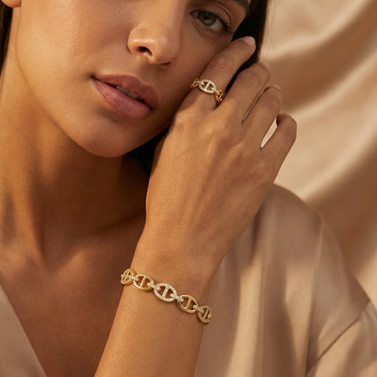 Elegant Crystal Link Bangle & Ring Set in Gold & Silver | Modern Open Cuff Bracelet with Matching Adjustable Ring