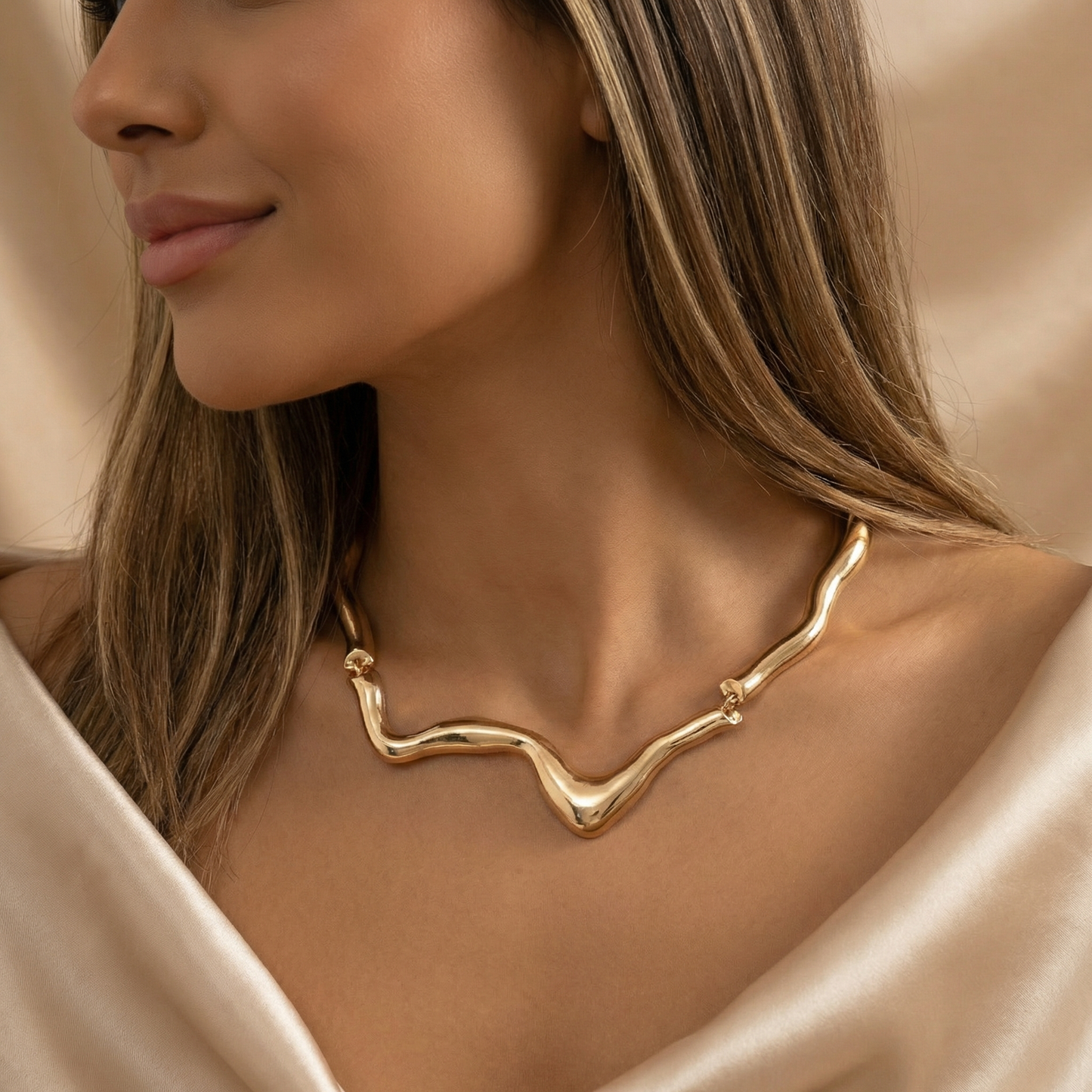 Wavy Statement Necklace for Women | Gold & Silver Stainless Steel Necklace | Sculptural Wave Design | Hypoallergenic Jewelry
