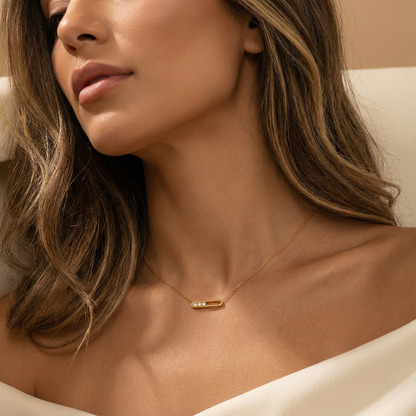 Gold Bar Pendant Necklace | Gold Chain Necklace with Crystal Detail | Minimalist Elegant Jewelry