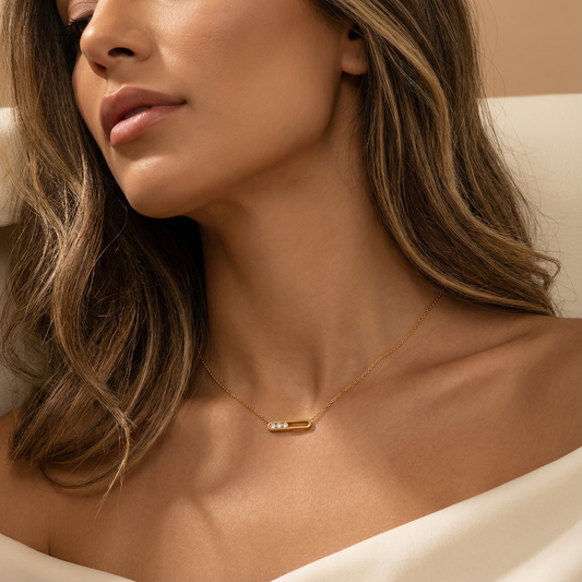 Gold Bar Pendant Necklace | Gold Chain Necklace with Crystal Detail | Minimalist Elegant Jewelry