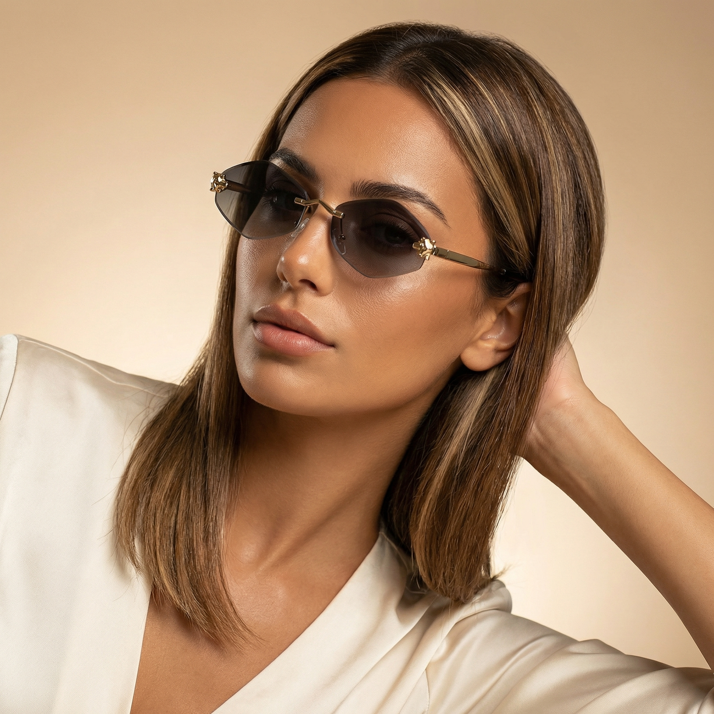 Luxury Rimless Hexagon Sunglasses in Gold with Gradient Lenses | Elegant Designer Metal Frame Sunglasses