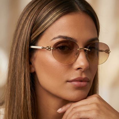 Elegant Oval Rimless Sunglasses in Gold with Brown, Tortoiseshell & Black Temples | Minimalist Metal Sunglasses for Women