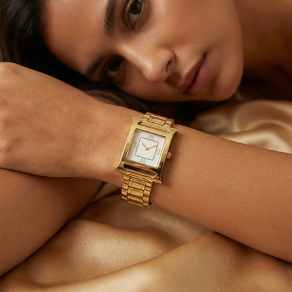 Luxury Square Gold Bracelet Watch with Minimal Dial | Elegant Vintage-Inspired Statement Timepiece in Black, White &amp; Champagne