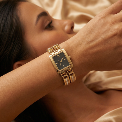 Luxury Gold Rectangular Bracelet Watch with Crystal-Link Design | Elegant Statement Dress Watch in Black, Gold & Champagne