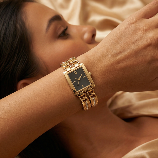 Luxury Gold Rectangular Bracelet Watch with Crystal-Link Design | Elegant Statement Dress Watch in Black, Gold & Champagne