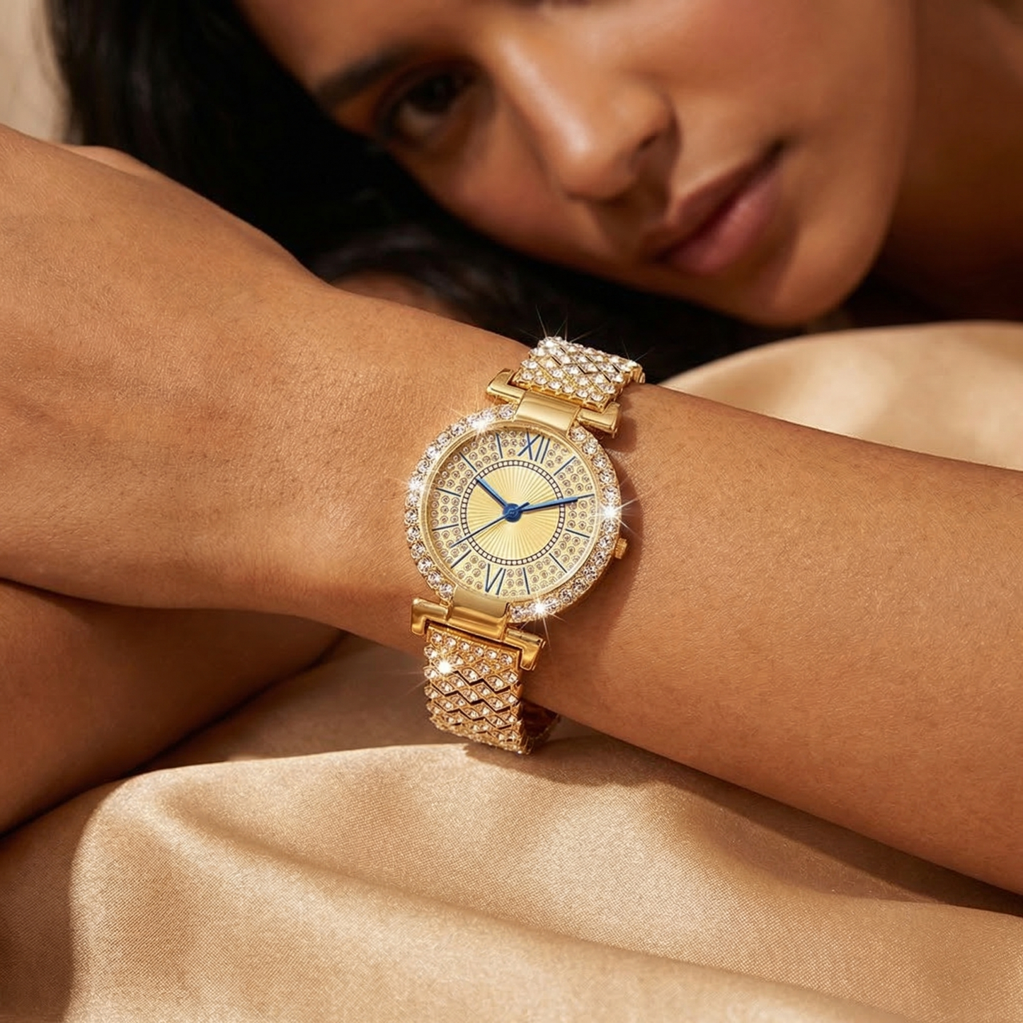 Luxury Diamond Roman Dial Bracelet Watch in Gold, Silver & Rose Gold | Crystal Bezel Elegant Women's Statement Timepiece