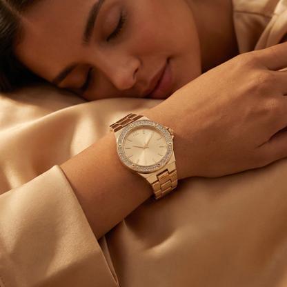 Luxury Crystal Bezel Bracelet Watch with Minimalist Dial | Elegant Women’s Dress Watch in Rose Gold, Gold & Silver