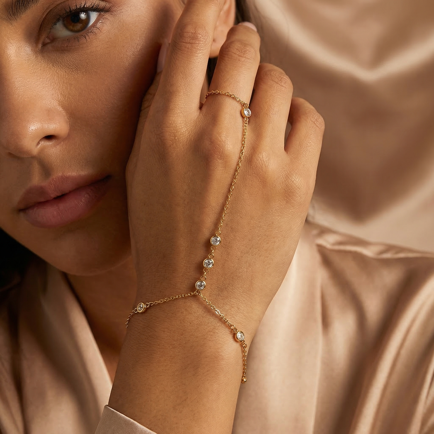 Luxury Gold Hand Chain Bracelet with Zircon Crystals | Elegant Finger Ring Chain Bracelet Jewellery