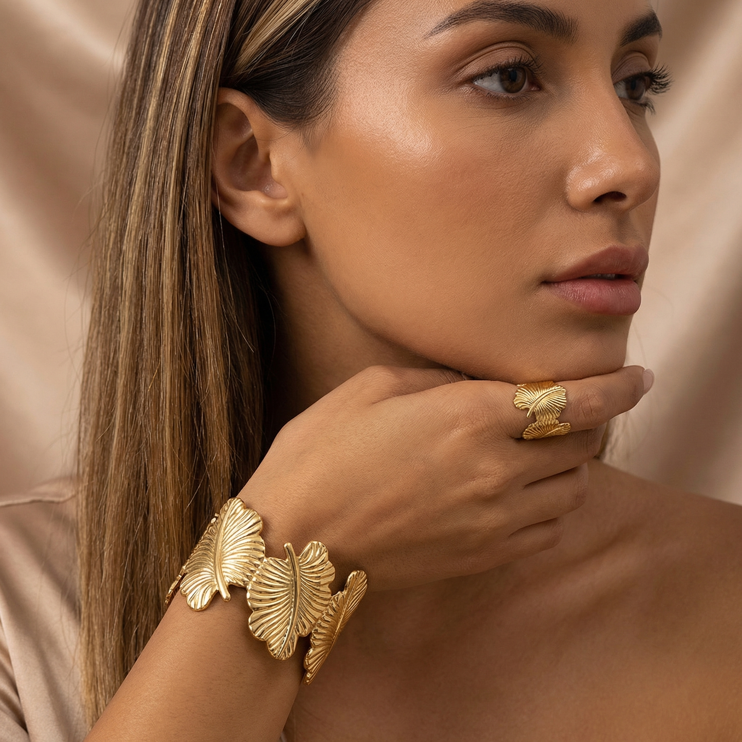 Luxury Sculpted Leaf Cuff Bracelet & Ring Set in Gold | Nature-Inspired Statement Jewelry