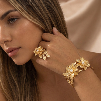 Luxury Floral Pearl Cuff Bracelet & Ring Set in Gold | Elegant Nature-Inspired Design