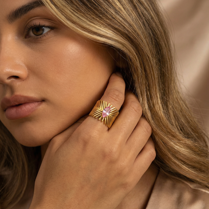 Luxury Sculpted Statement Ring with Pink Crystal | Bold Gold Textured Cocktail Ring