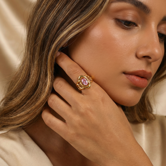 Elegant Sculpted Loop Ring with Pink Crystal | Modern Gold Open Design Statement Ring