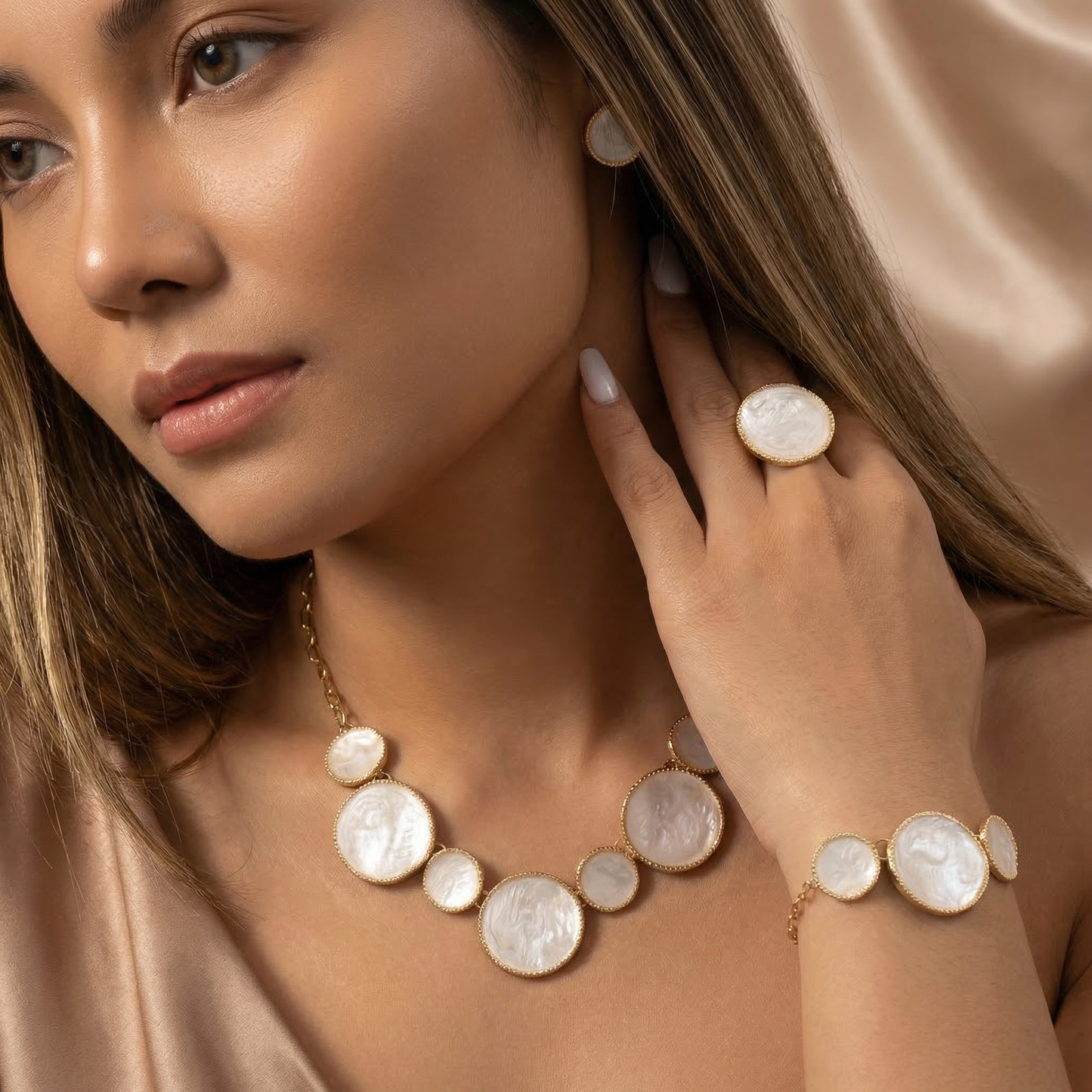 Luxury Pearl Disc Jewellery Set in Gold | Elegant Necklace, Bracelet, Ring & Earrings Collection