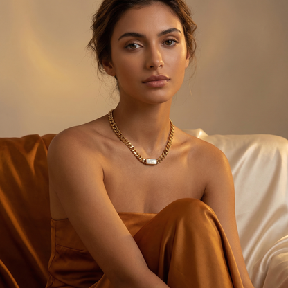 Luxury Gold Cuban Chain Necklace with Pearl Bar | Elegant Statement Chain Jewellery for Women