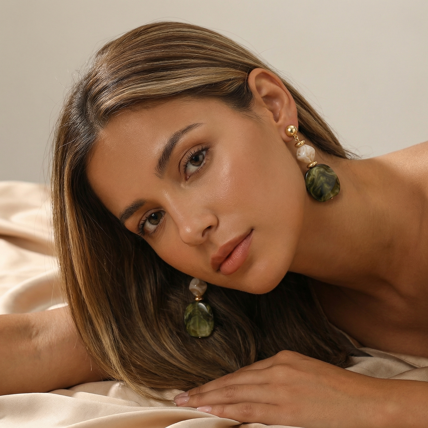 Gold Brown & Green Marble Drop Earrings for Women | Gold Tone Statement Earrings | Resin Bead Dangle Design